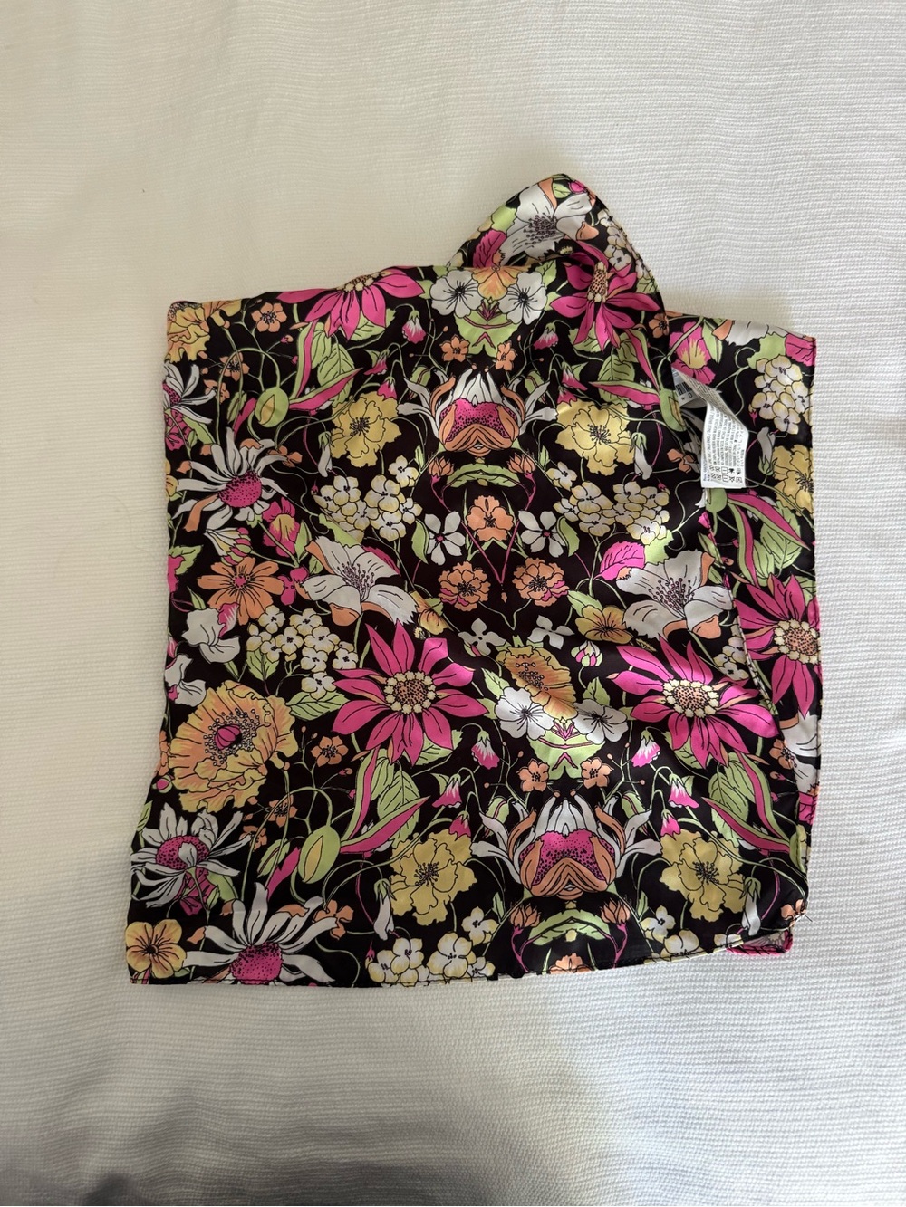 Floral Satin Scarf - Black with Pink, Green & Gold Floral Print